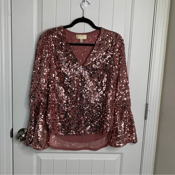 Anthropologie pink sequin bell sleeves blouse size 2 glam date night barbie - Picture 2 of 6